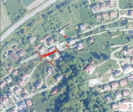 Zapora v Kresnicah, označena na zemljevidu