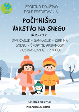 Slika: fantek in punčka na snegu, napis počitniško varstvo