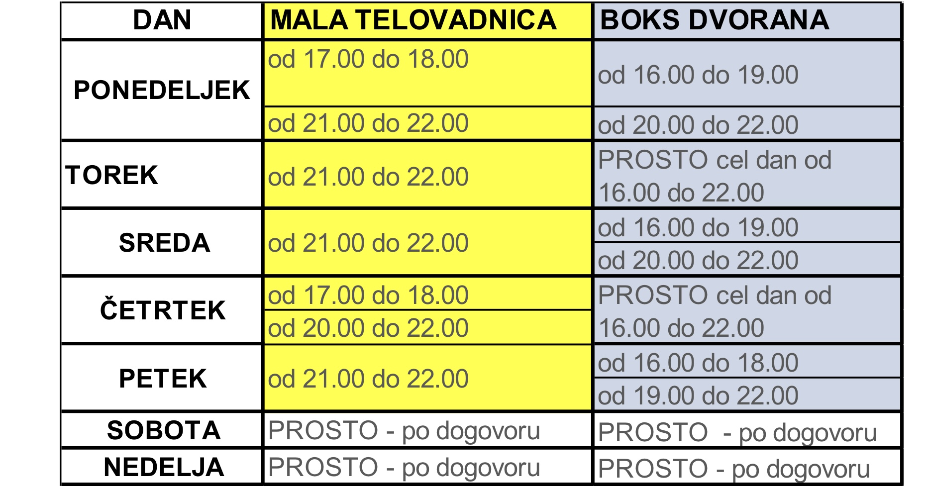 Tabela prostih terminov v mali telovadnici in boks dvorani po dnevih